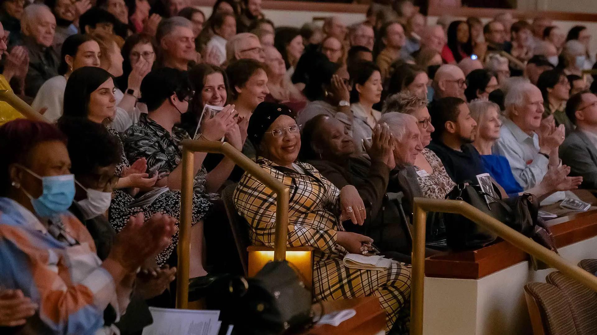 Iva Hinnant (center) and some of her neighbors in Attick Towers in College Park attend a March performance by the Baltimore Symphony Orchestra and UMD Concert Choir at The Clarice. Photo by David Andrews.