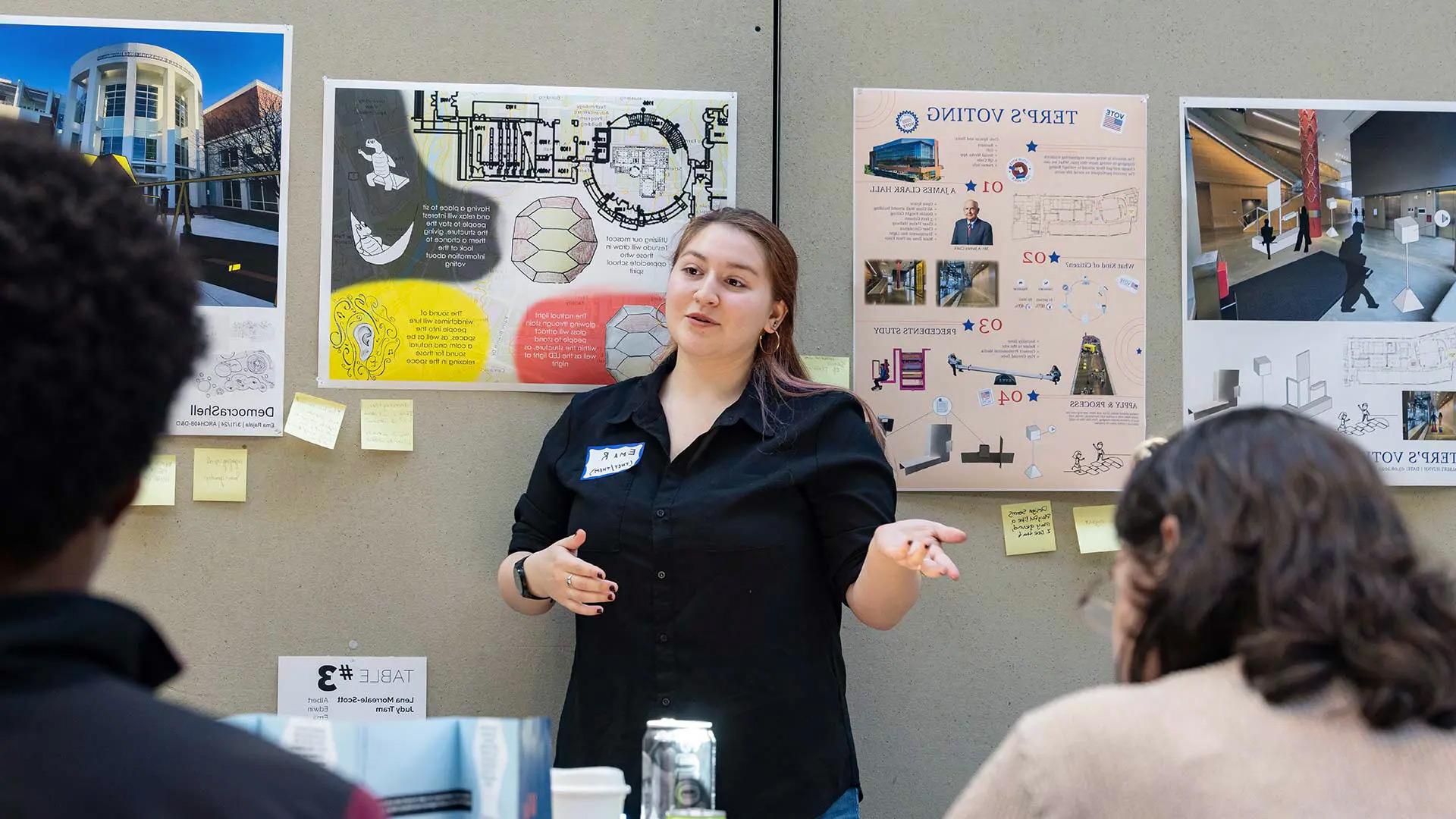Architecture major and creative placemaking minor Ema Rajala '25 shares their proposal in a new class called "Design and Democracy," which brings together architecture, art, public policy and government and politics majors to develop pop-up installations to engage students about voting.